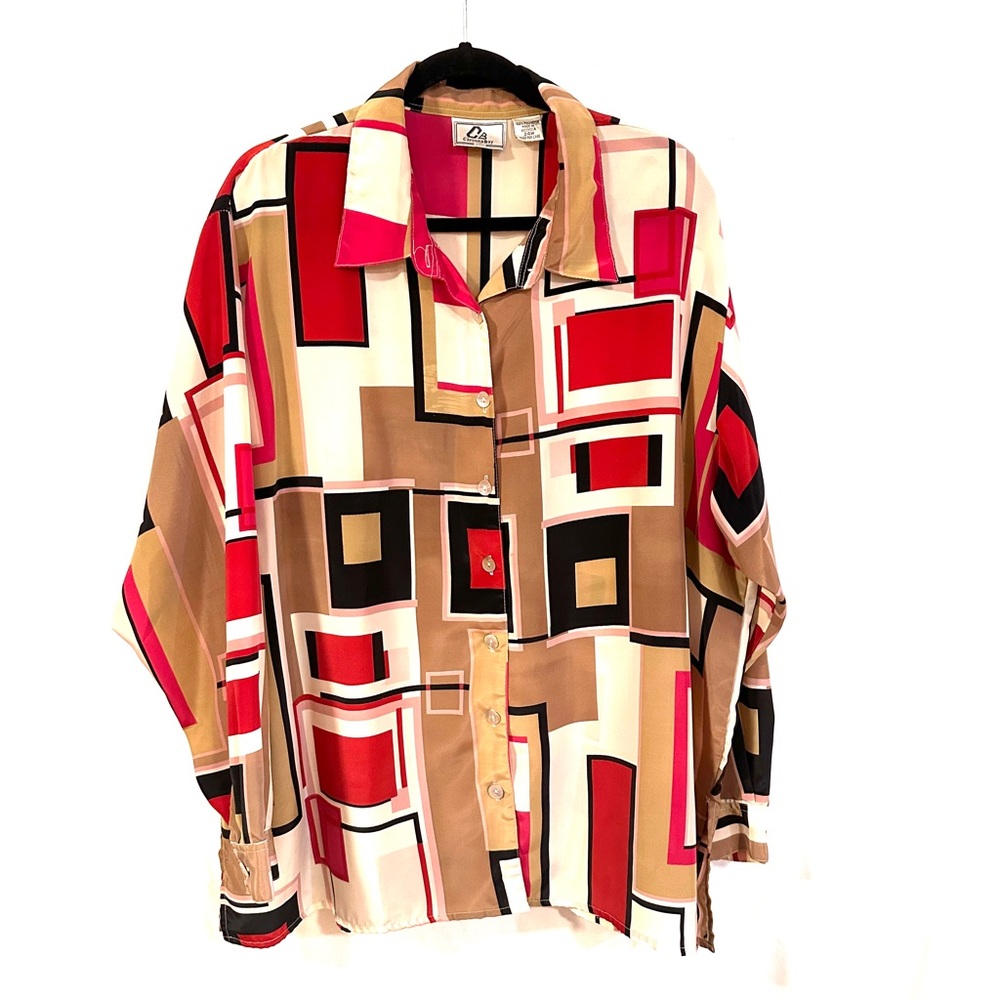 Carolina Bay Size 24W Geometric Print Blouse Long Sleeves Mod Retro 70s WN